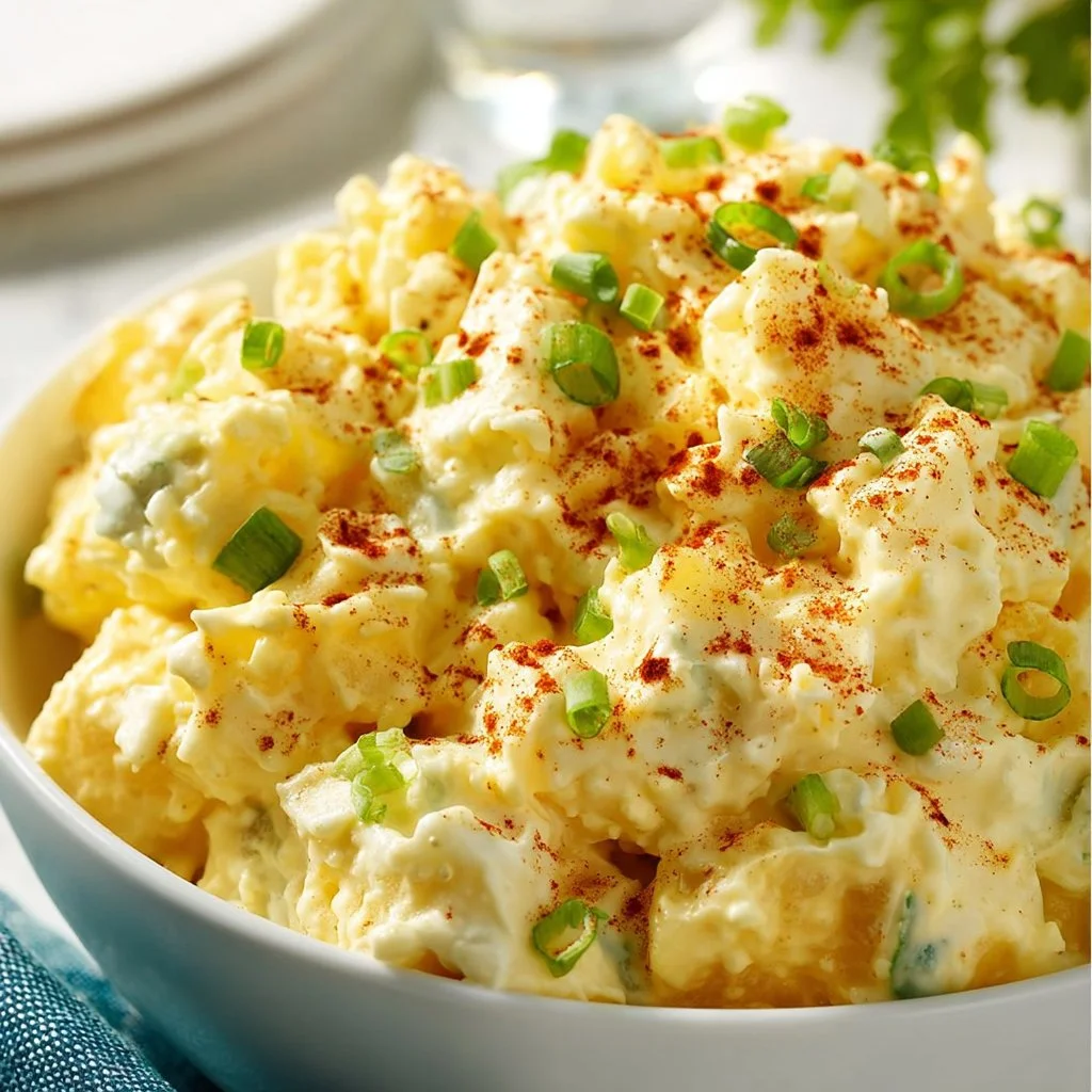 Creamy potato salad with herbs and spices in a serving bowl