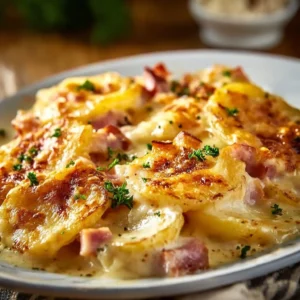 Creamy scalloped potatoes baked with ham, a comforting dish perfect for any meal.