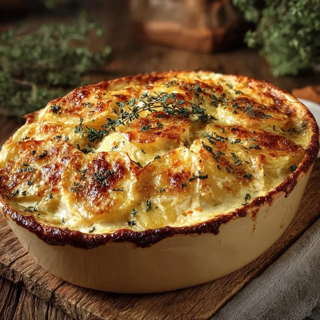 Creamy vegan scalloped potatoes with a golden herb crust in a baking dish