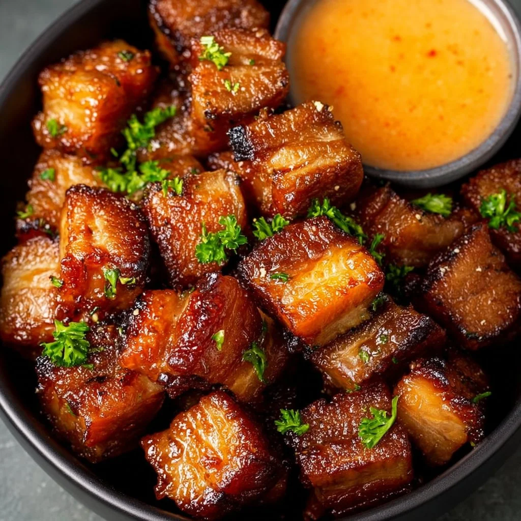 Crispy Keto Pork Belly Bites served on a plate with dipping sauce