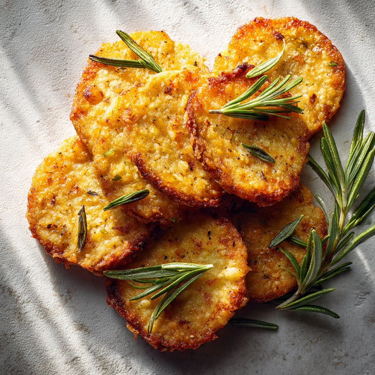 Crispy sourdough discard crackers topped with rosemary and sea salt