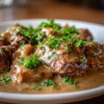 Crock Pot cube steak and gravy served in a bowl with mashed potatoes