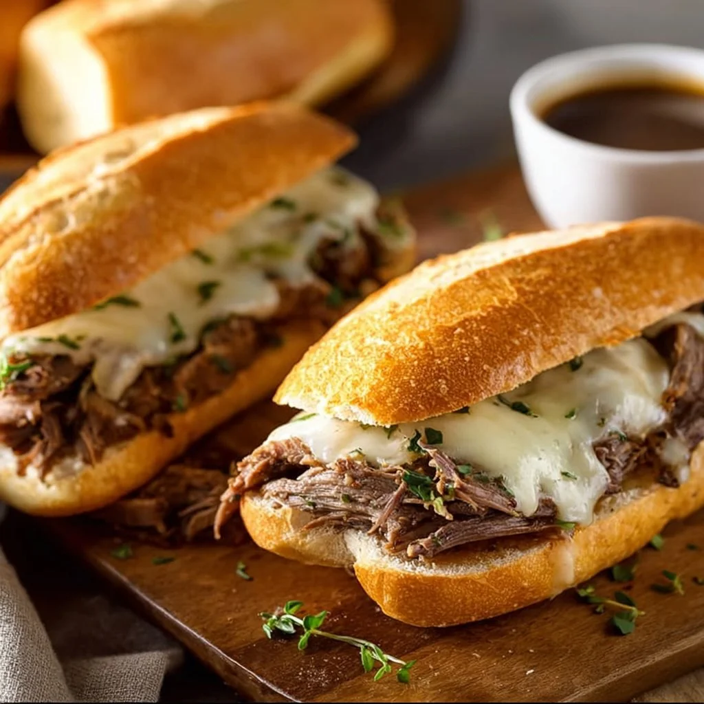 A plate of delicious Crock Pot French dip sandwiches with au jus for dipping
