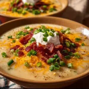 Crockpot loaded baked potato soup garnished with cheese and chives