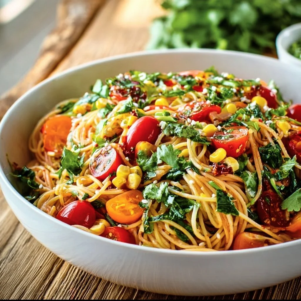 Delicious Californian Spaghetti Salad with fresh vegetables and dressing