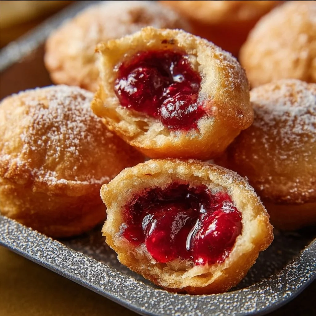 Delicious cherry pie bites served on a plate with a cherry garnish.