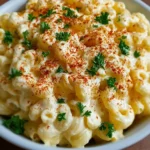 Deviled egg macaroni salad in a bowl, garnished, ready to serve.