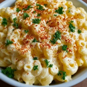 Deviled egg macaroni salad in a bowl, garnished, ready to serve.