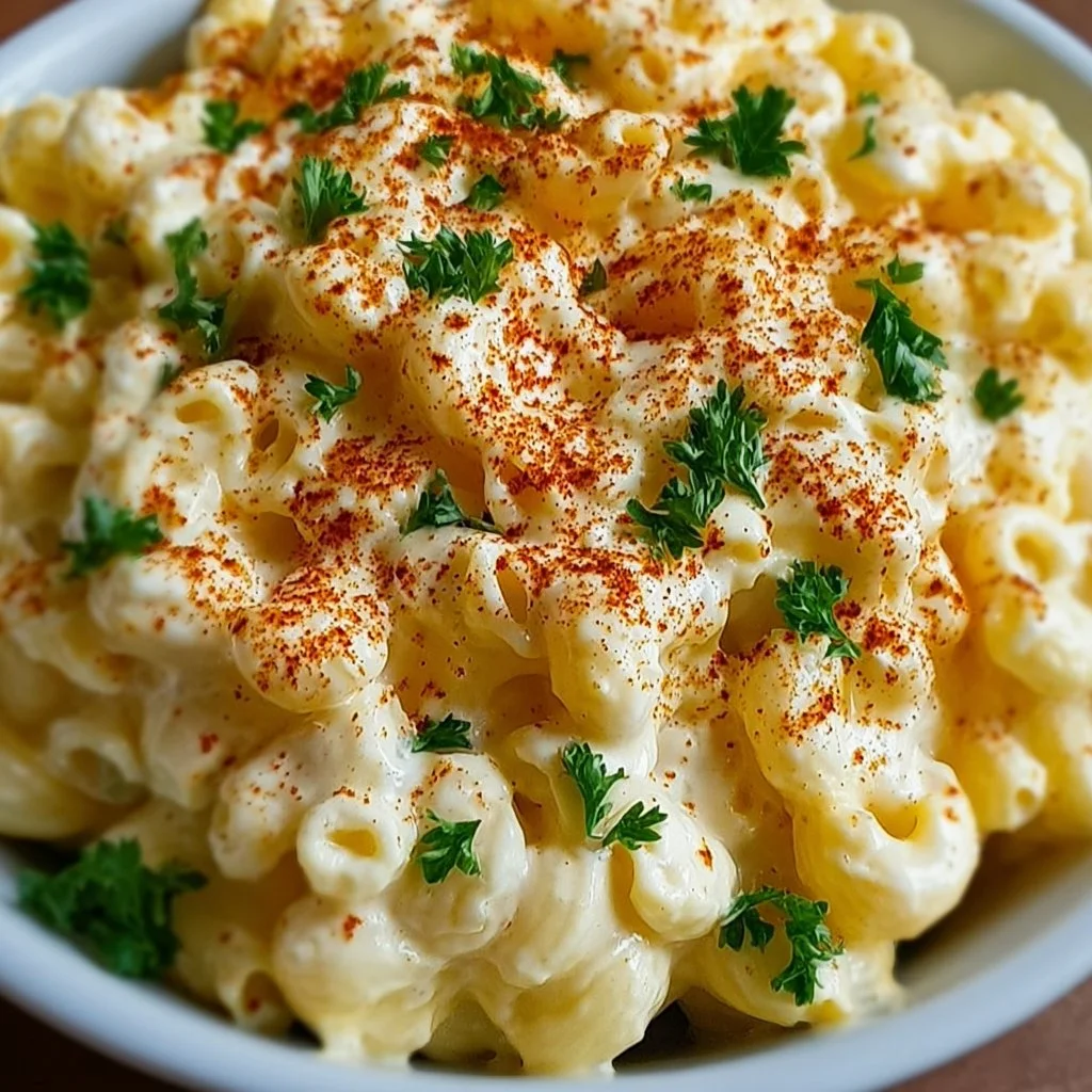 Deviled egg macaroni salad in a bowl, garnished, ready to serve.