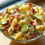 Delicious Dill Pickle Bacon Pasta Salad served in a bowl