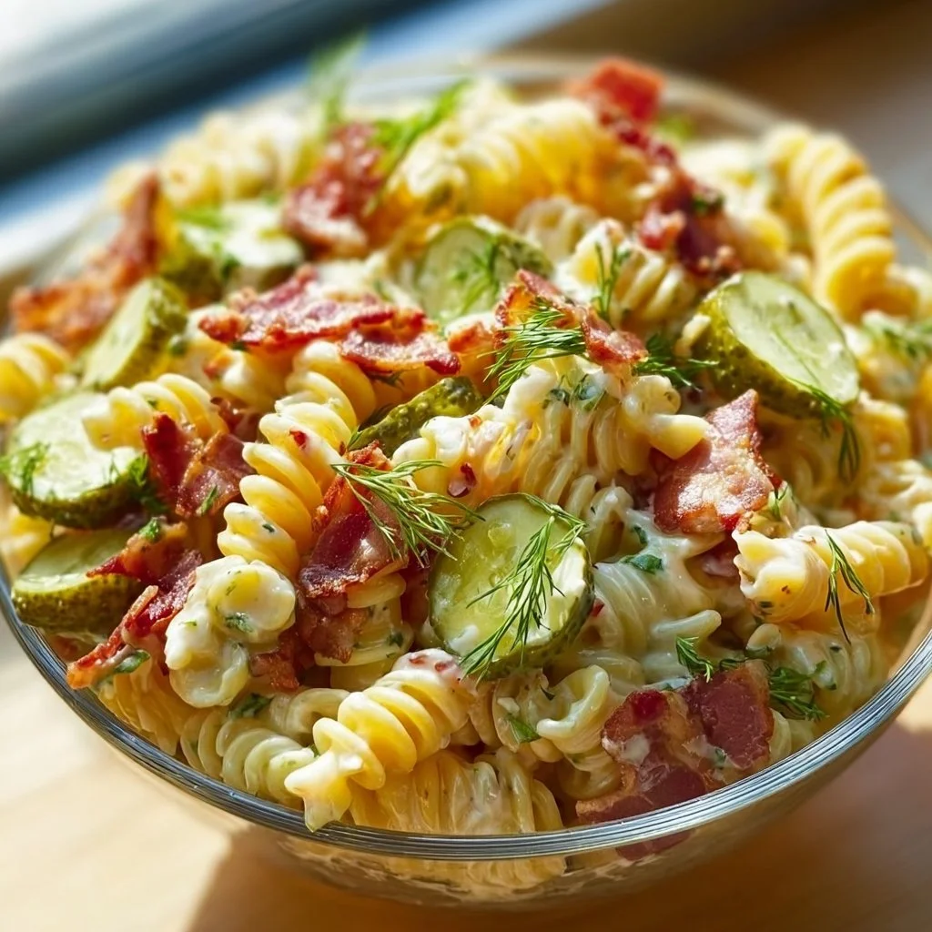 Delicious Dill Pickle Bacon Pasta Salad served in a bowl