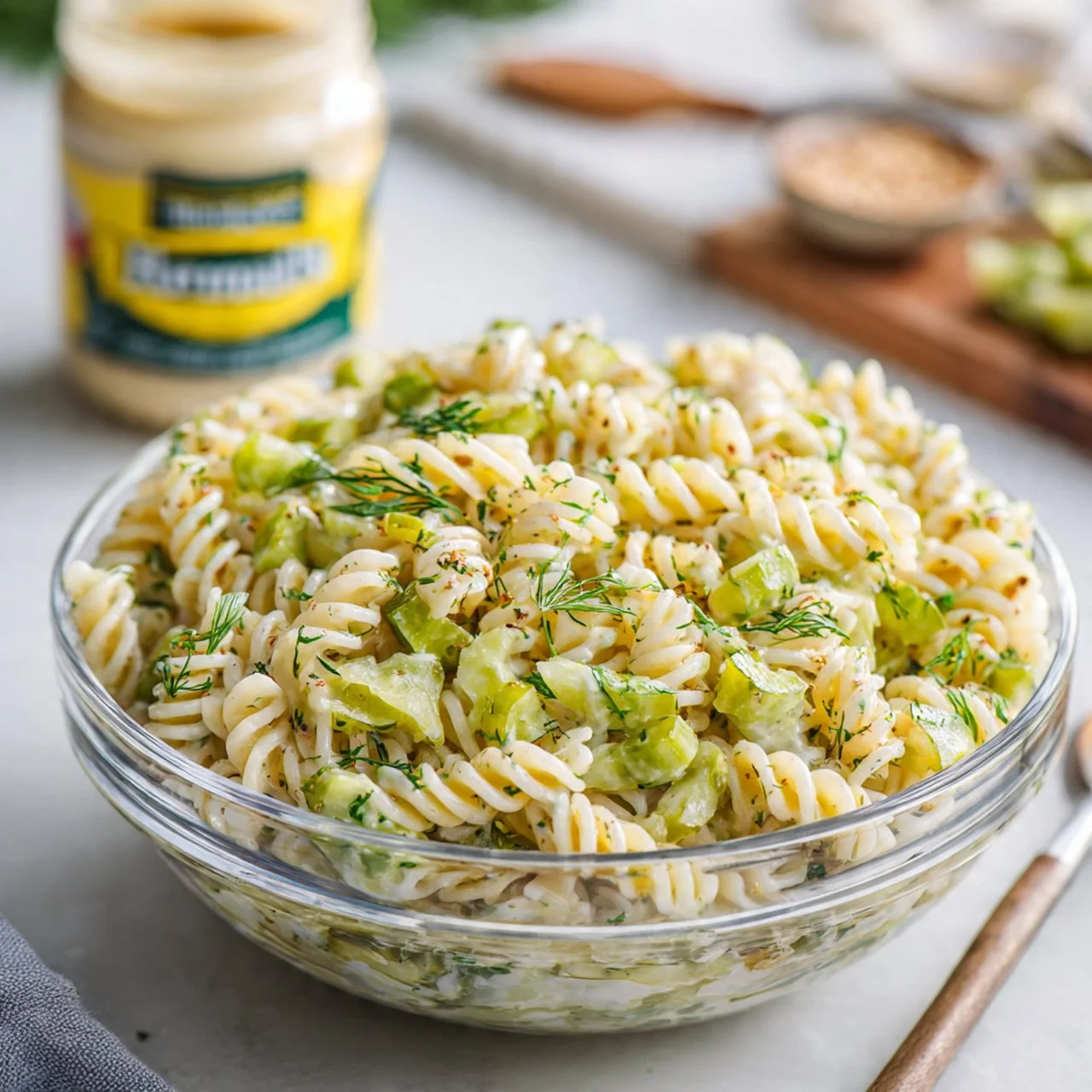 Delicious Dill Pickle Pasta Salad served in a bowl with fresh ingredients.