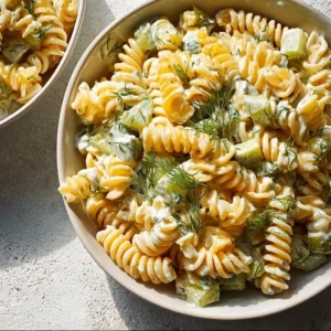 Bowl of Dill Pickle Pasta Salad with fresh ingredients and vibrant colors