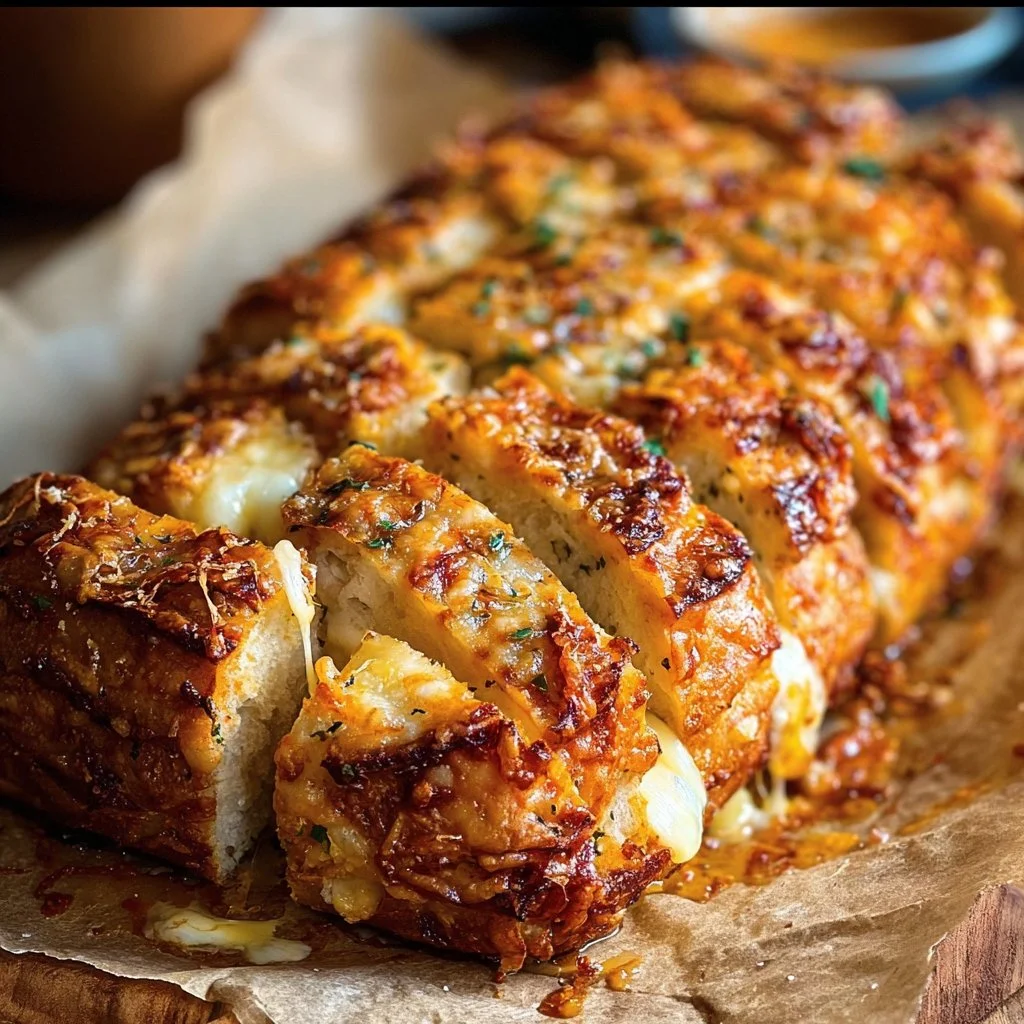 Delicious easy cheesy bread fresh out of the oven, topped with melted cheese.