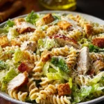 Bowl of Easy Chicken Caesar Pasta Salad with lettuce, chicken, and Caesar dressing