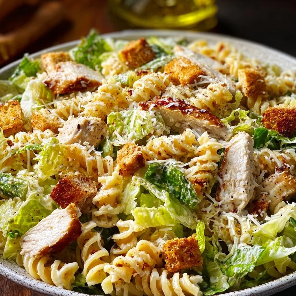Bowl of Easy Chicken Caesar Pasta Salad with lettuce, chicken, and Caesar dressing