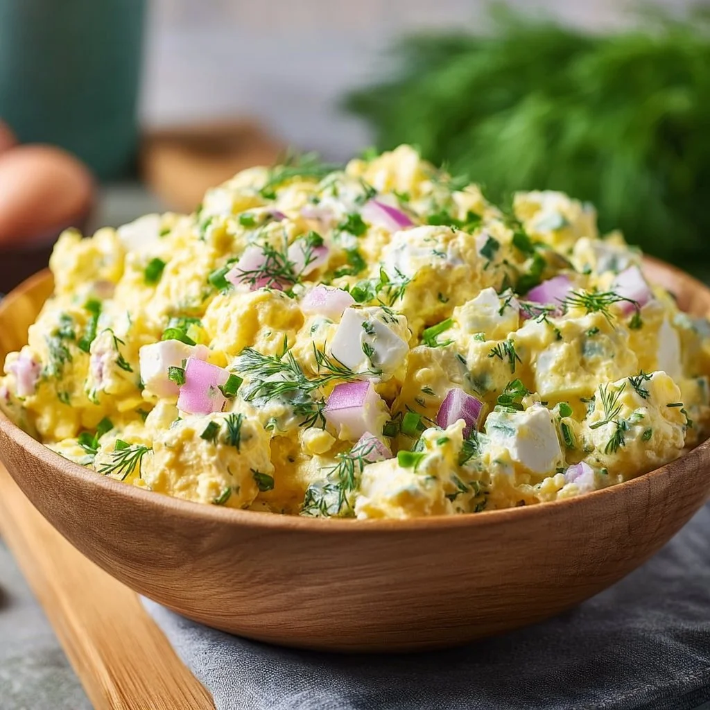 Easy cottage cheese egg salad with dill served in a bowl