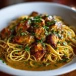 Plate of easy Cowboy Butter Chicken Linguine garnished with herbs