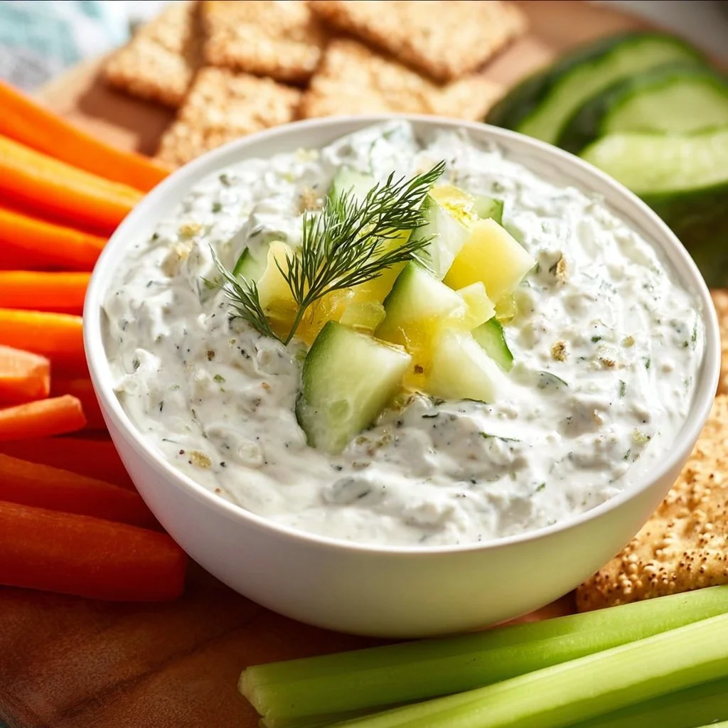 Delicious easy dill pickle cottage cheese dip served in a bowl.