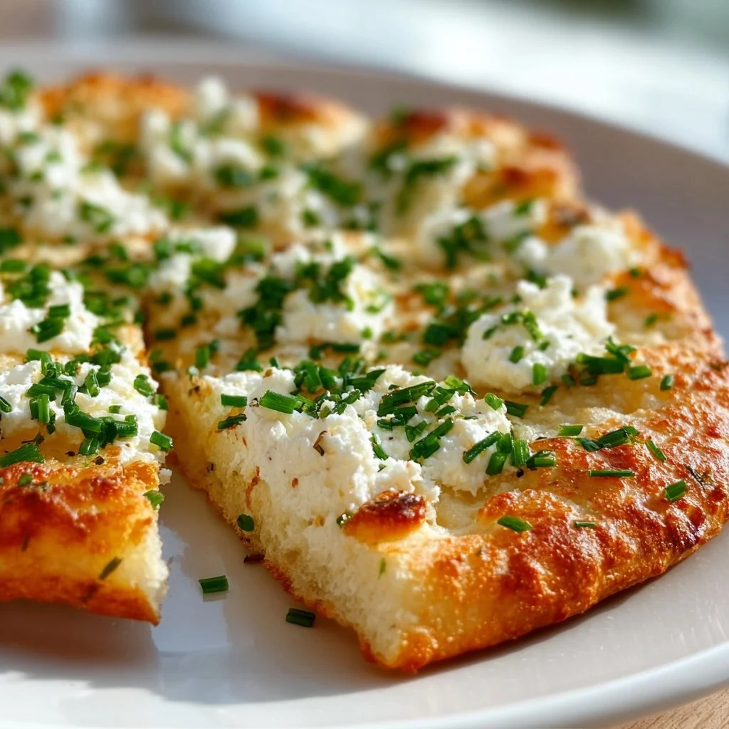 Keto cottage cheese flatbread on a wooden cutting board with toppings
