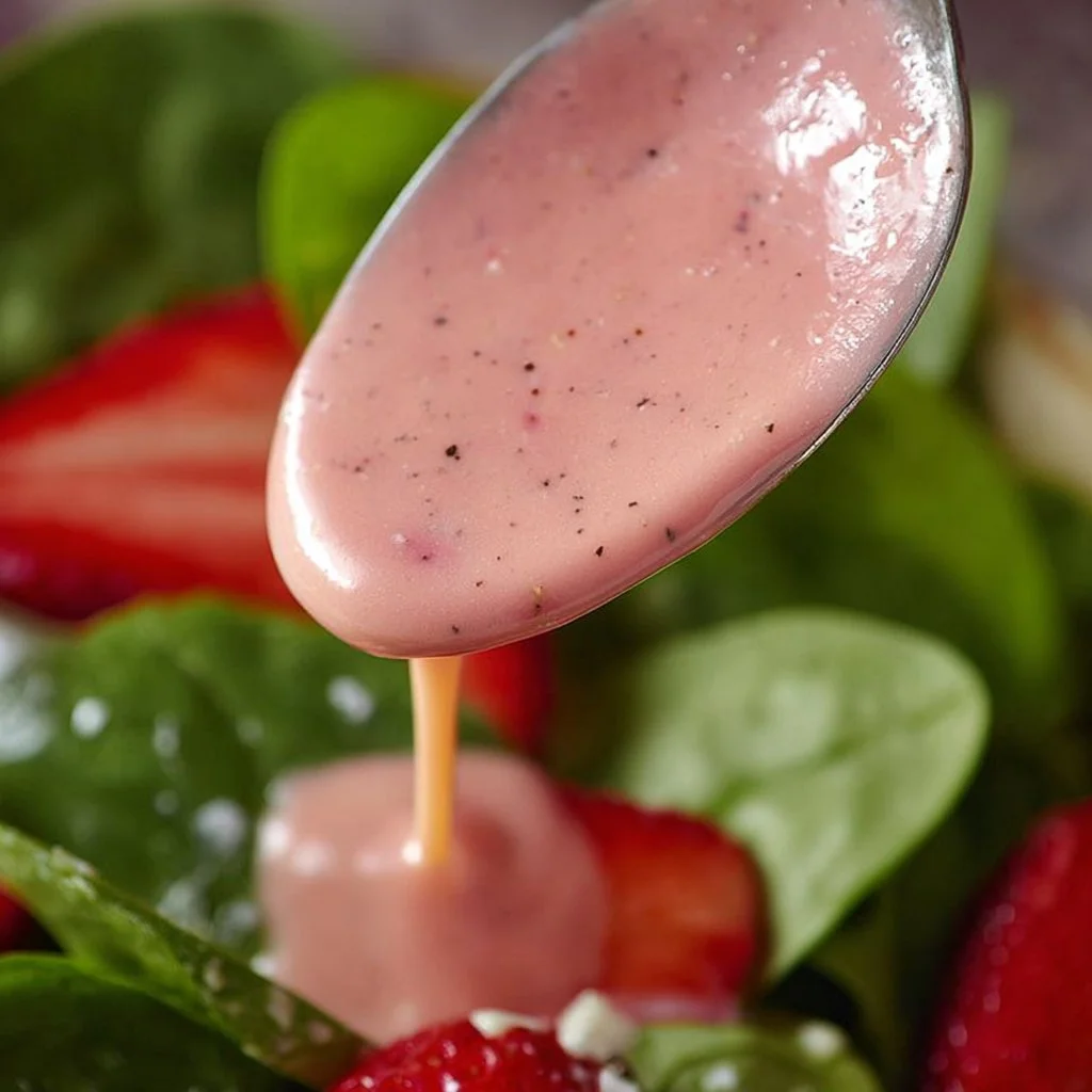 Delicious and vibrant easy strawberry vinaigrette on a fresh salad