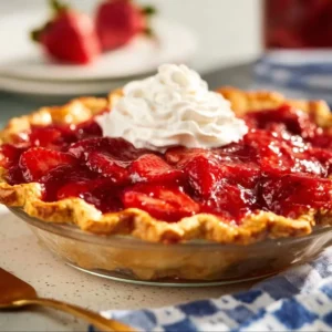 Fresh strawberry pie with whipped cream and vibrant red strawberries on top