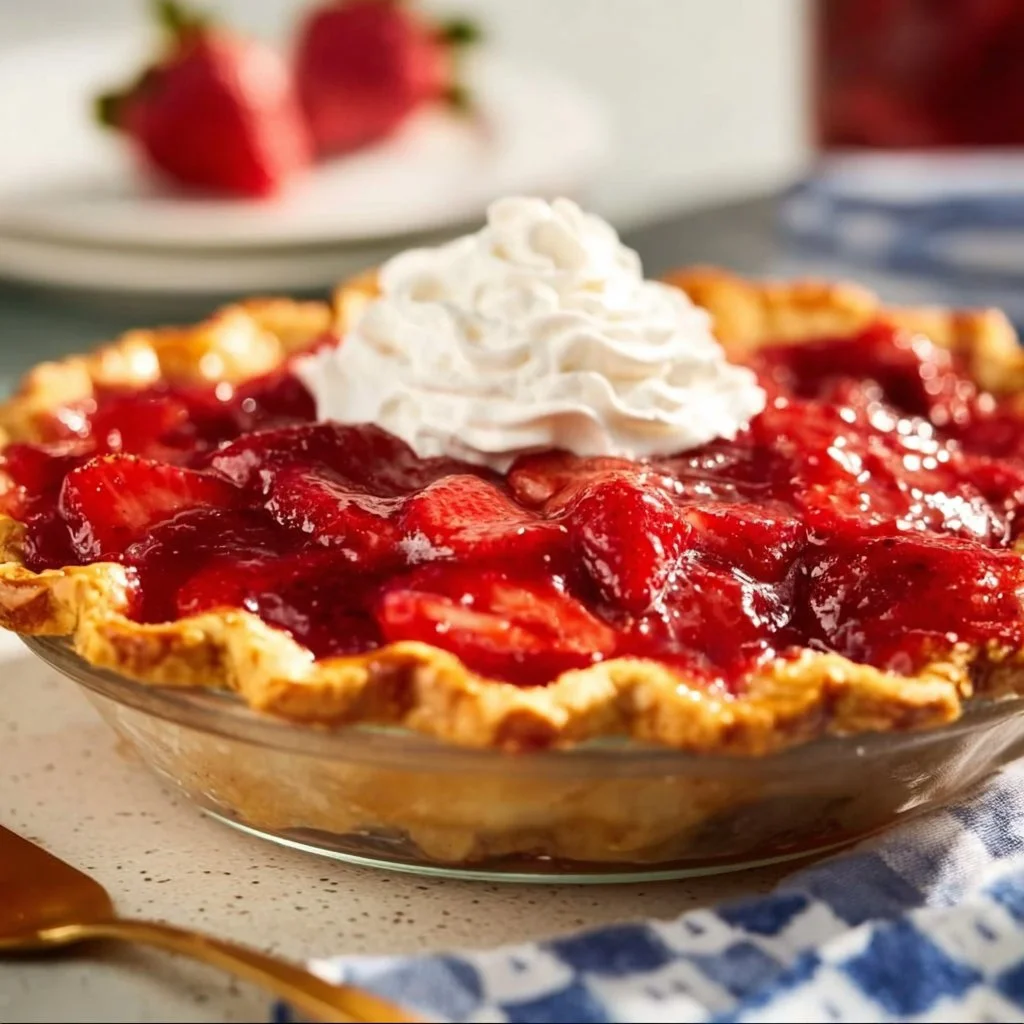 Fresh strawberry pie with whipped cream and vibrant red strawberries on top