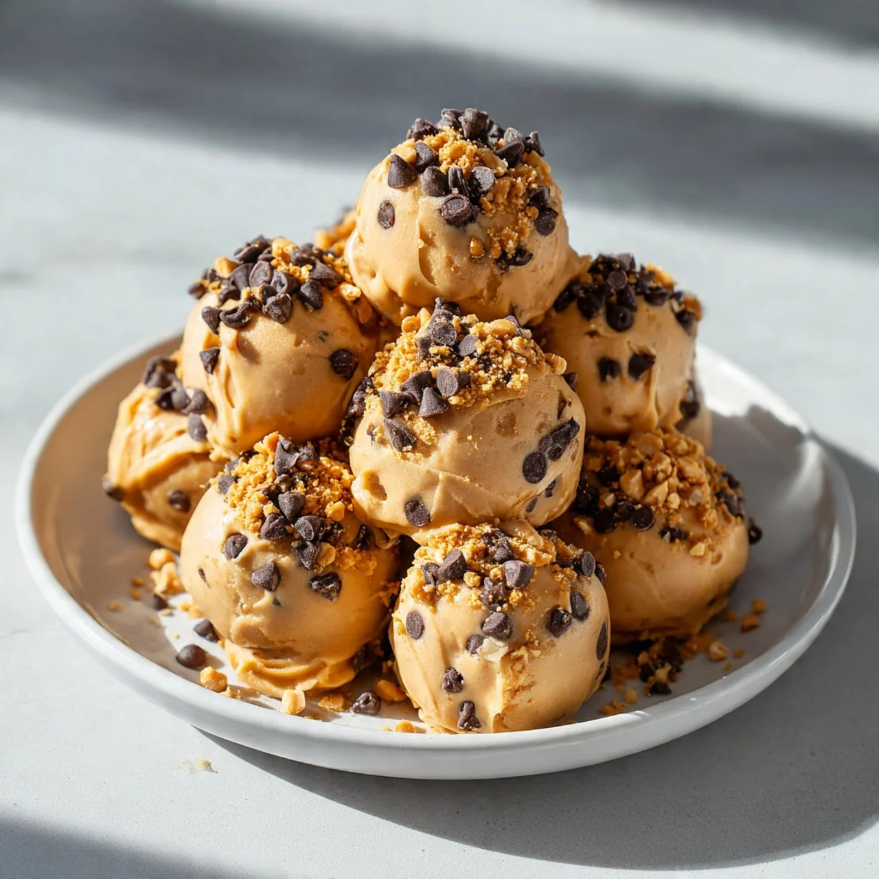 Frozen Greek yogurt peanut butter bites on a plate, a healthy dessert option.