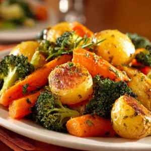 Plated garlic herb roasted potatoes and mixed veggies garnished with herbs