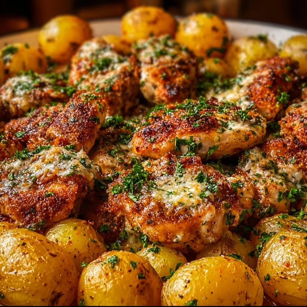 Garlic Parmesan Chicken served with seasoned potatoes on a plate