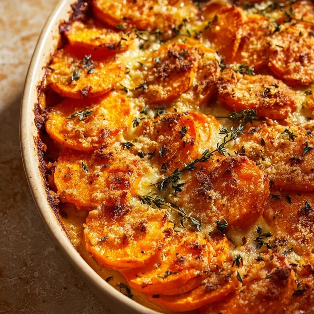 Delicious Garlic Scalloped Sweet Potatoes baked to perfection