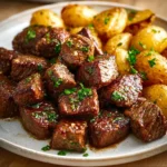Plate of garlic steak bites served with seasoned potatoes