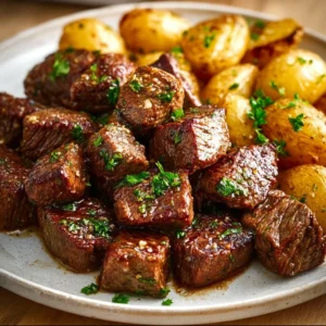 Plate of garlic steak bites served with seasoned potatoes