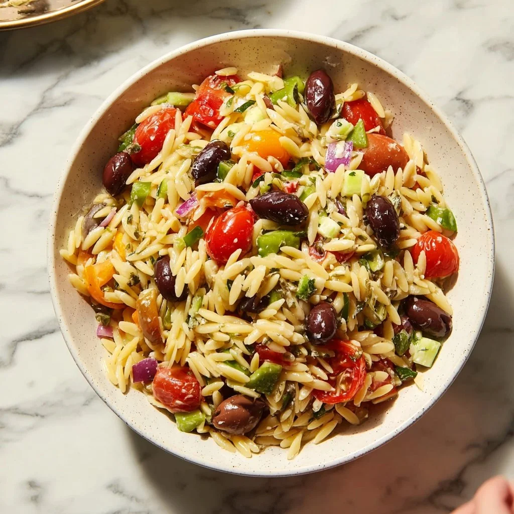 Colorful Greek Orzo Salad with feta cheese and fresh vegetables