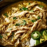 Slow cooker chicken with green sauce served in a bowl