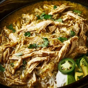 Slow cooker chicken with green sauce served in a bowl