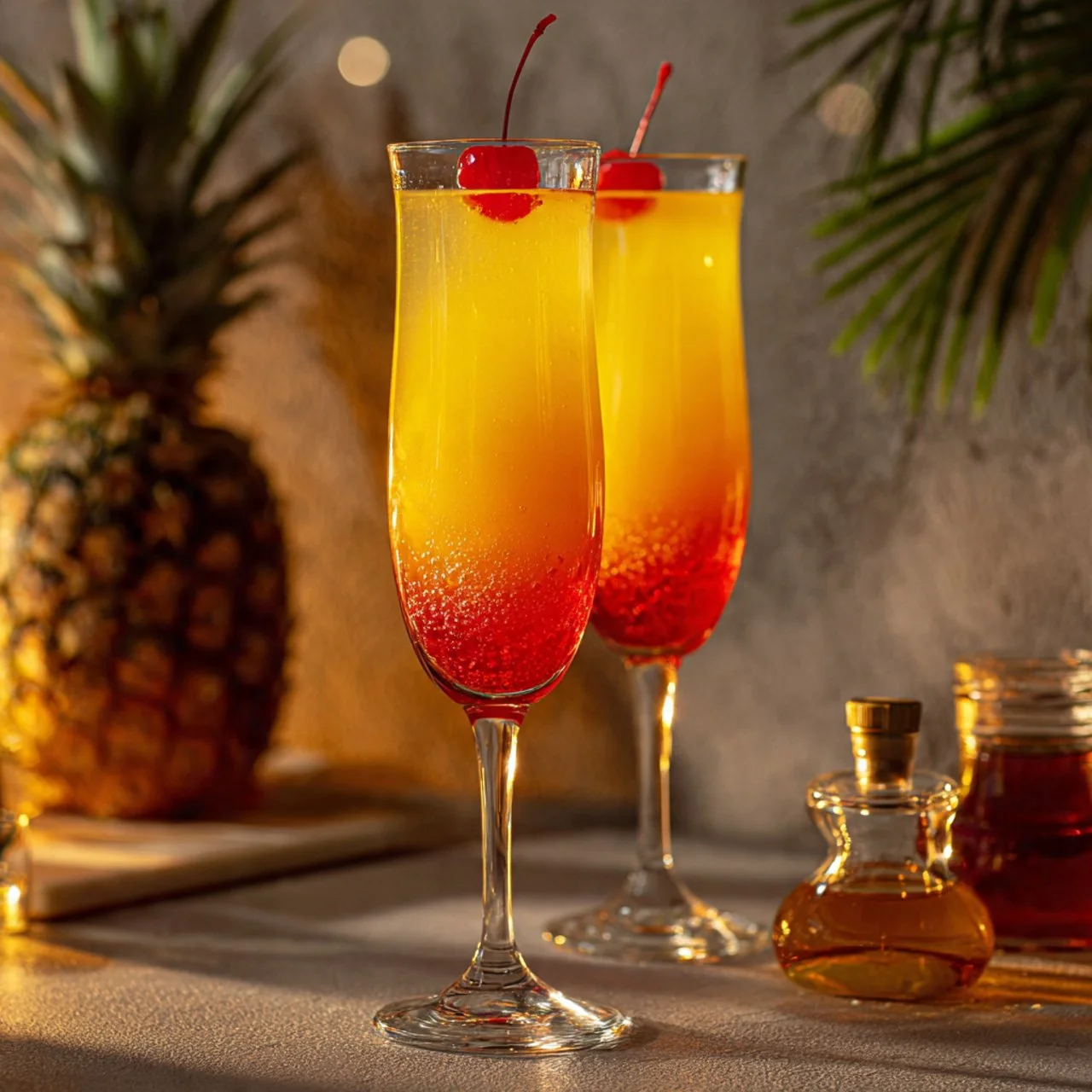 Refreshing Hawaiian Mimosa cocktail with tropical fruits and champagne