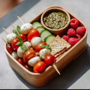 Healthy Caprese skewers with cherry tomatoes, mozzarella, and basil for lunchbox