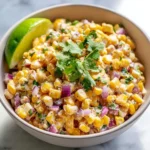 Healthy Street Corn Salad with Greek Yogurt topped with fresh herbs and spices