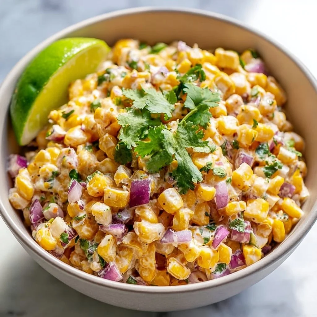 Healthy Street Corn Salad with Greek Yogurt topped with fresh herbs and spices