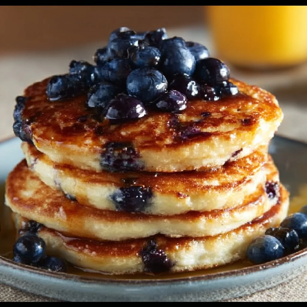 Healthy wild blueberry cottage cheese pancakes served on a plate