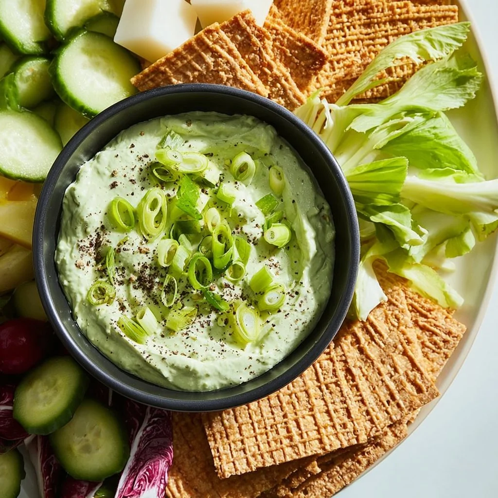 A bowl of herby cottage cheese dip garnished with fresh herbs
