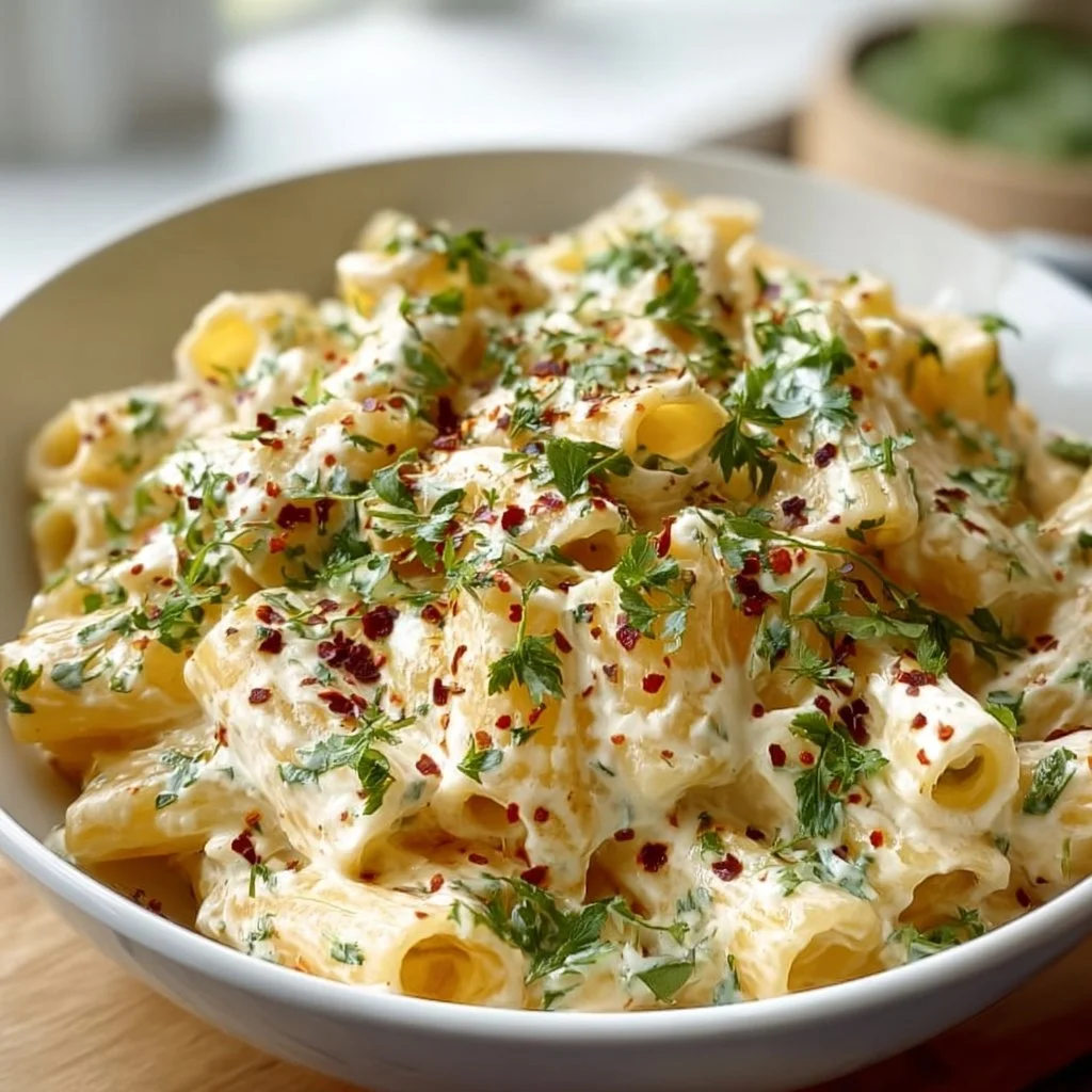 High-protein cottage cheese pasta dish with fresh ingredients