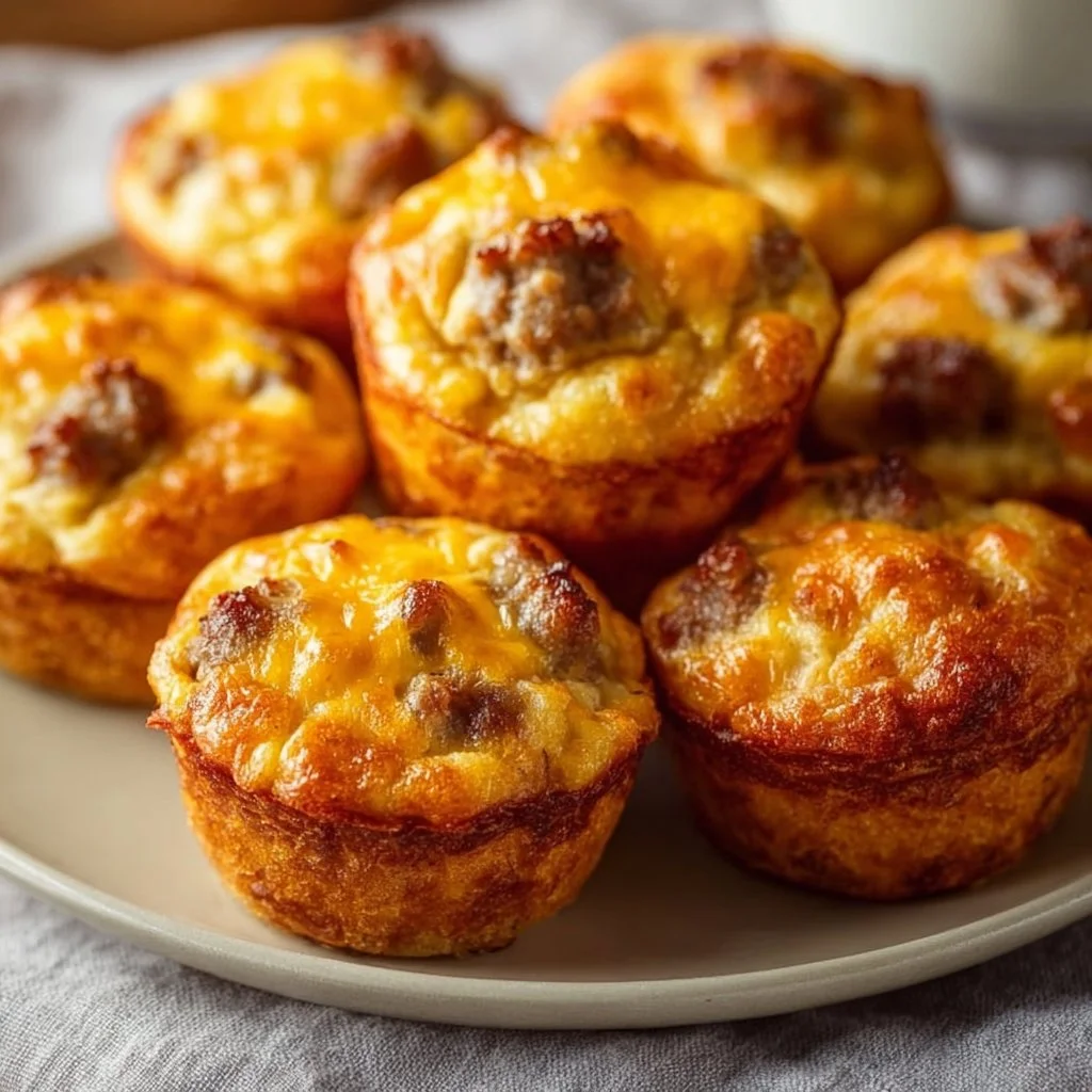 High-protein pancake muffin with sausage served on a plate.