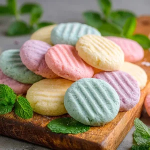 Plate of homemade cream cheese mints in various pastel colors