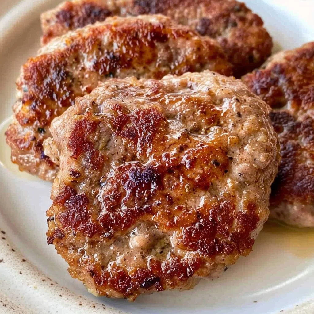 Homemade ground turkey breakfast sausages on a plate with herbs.