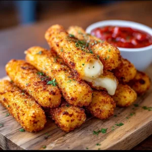Plate of homemade mozzarella sticks with marinara sauce for dipping