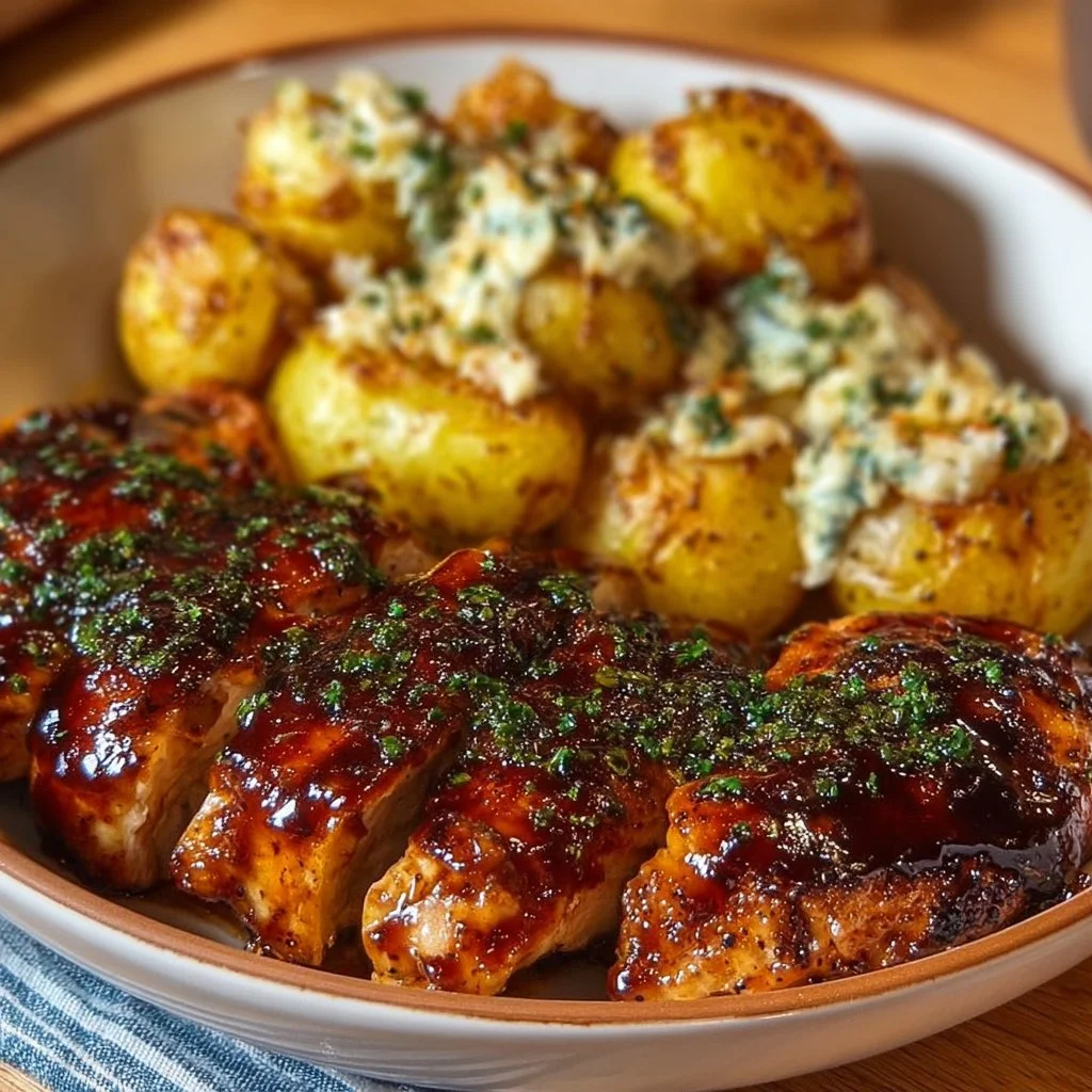 Honey BBQ Chicken served with Garlic Parmesan Potatoes on a plate