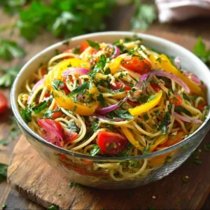 Delicious Italian Spaghetti Salad with fresh vegetables and herbs