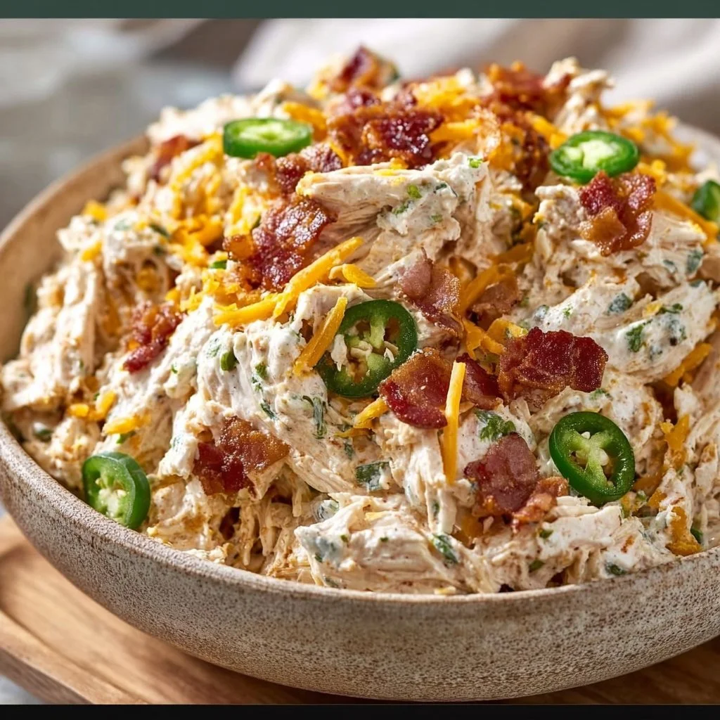 Jalapeno Popper Chicken Salad served in a bowl, garnished with jalapenos and herbs